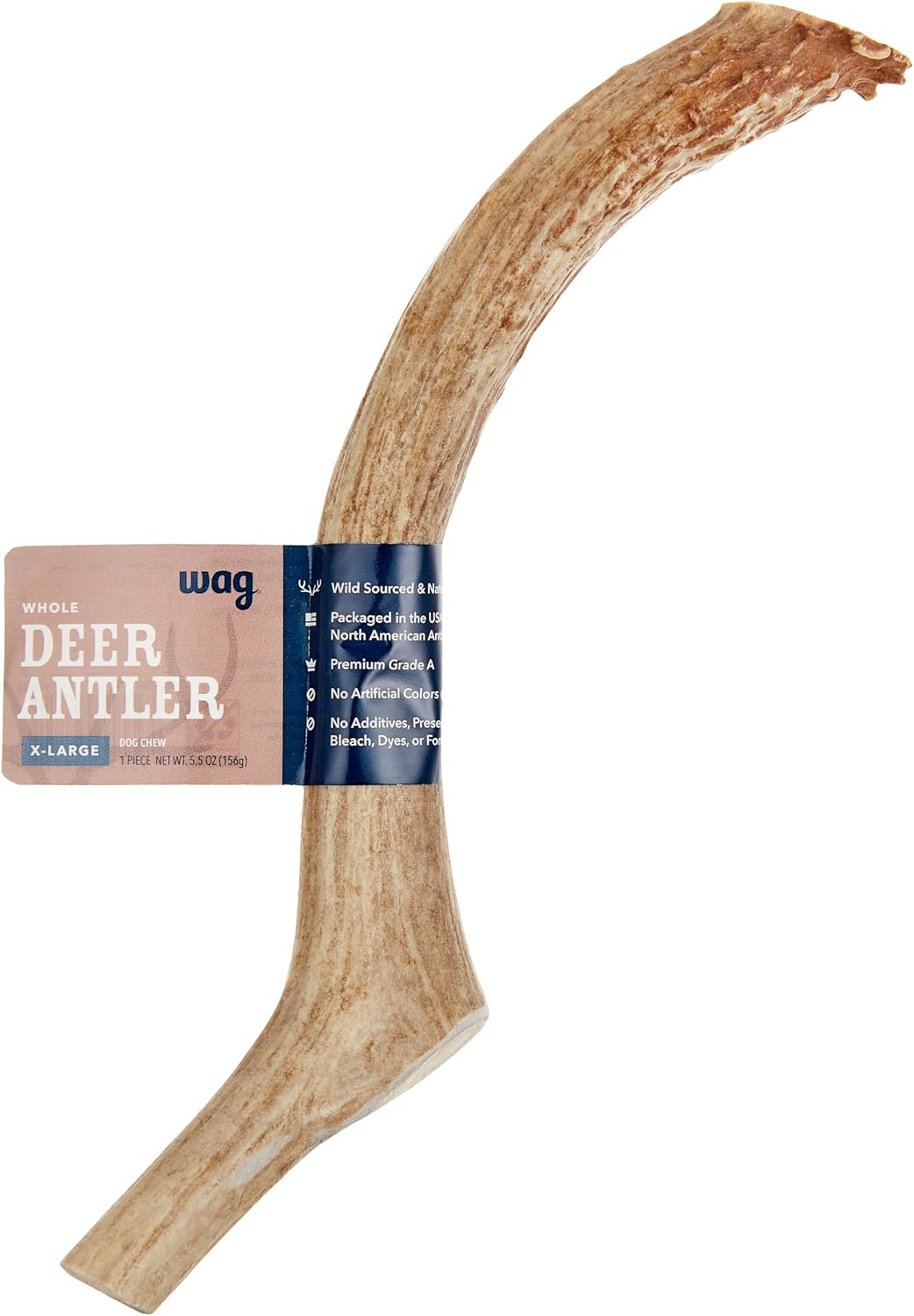 Wag Dog Deer Antler Chew, Naturally Shed, Whole, 9 - 10.5 inches, Long Lasting for Aggressive Chewers, X-Large