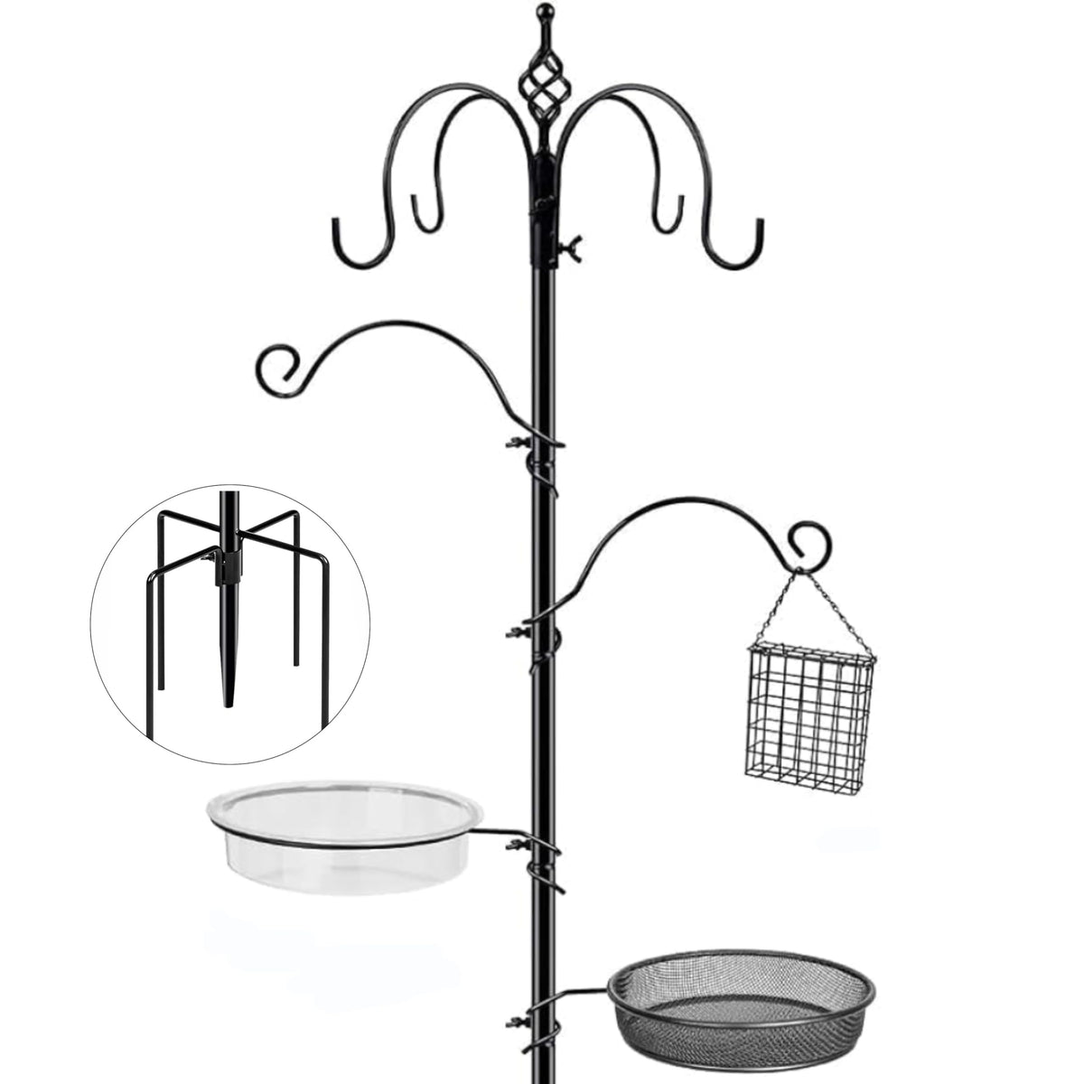 Bird Feeding Station, 90.55in 6-Hook Wild Bird Feeder Stand Pole with Water & Mesh Tray Humming Bird Feeders f