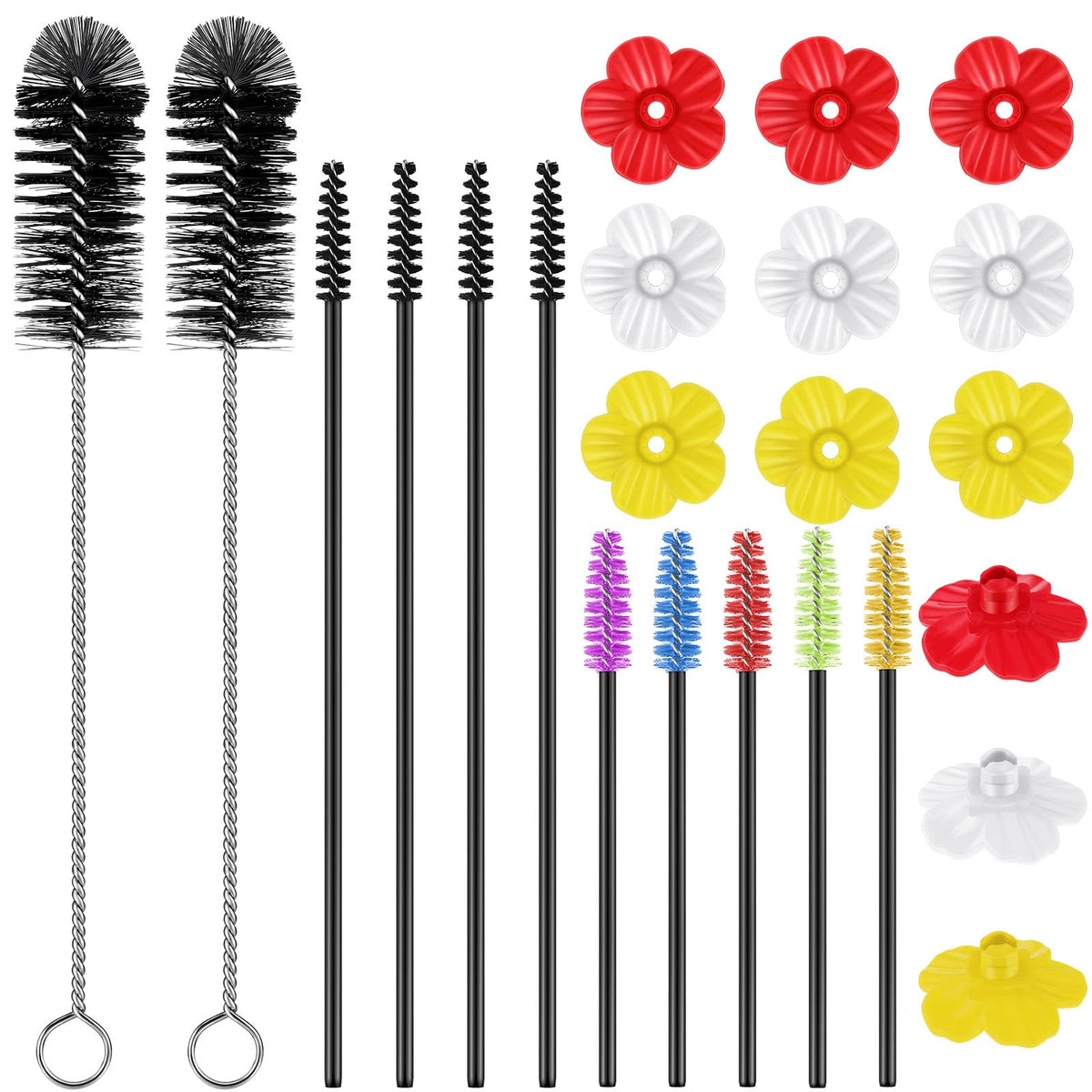 38 Pcs 3 Size Hummingbird Feeder Cleaning Brush Mini Nylon Tube Brush with 16 Flowers Bird Replacement Parts D