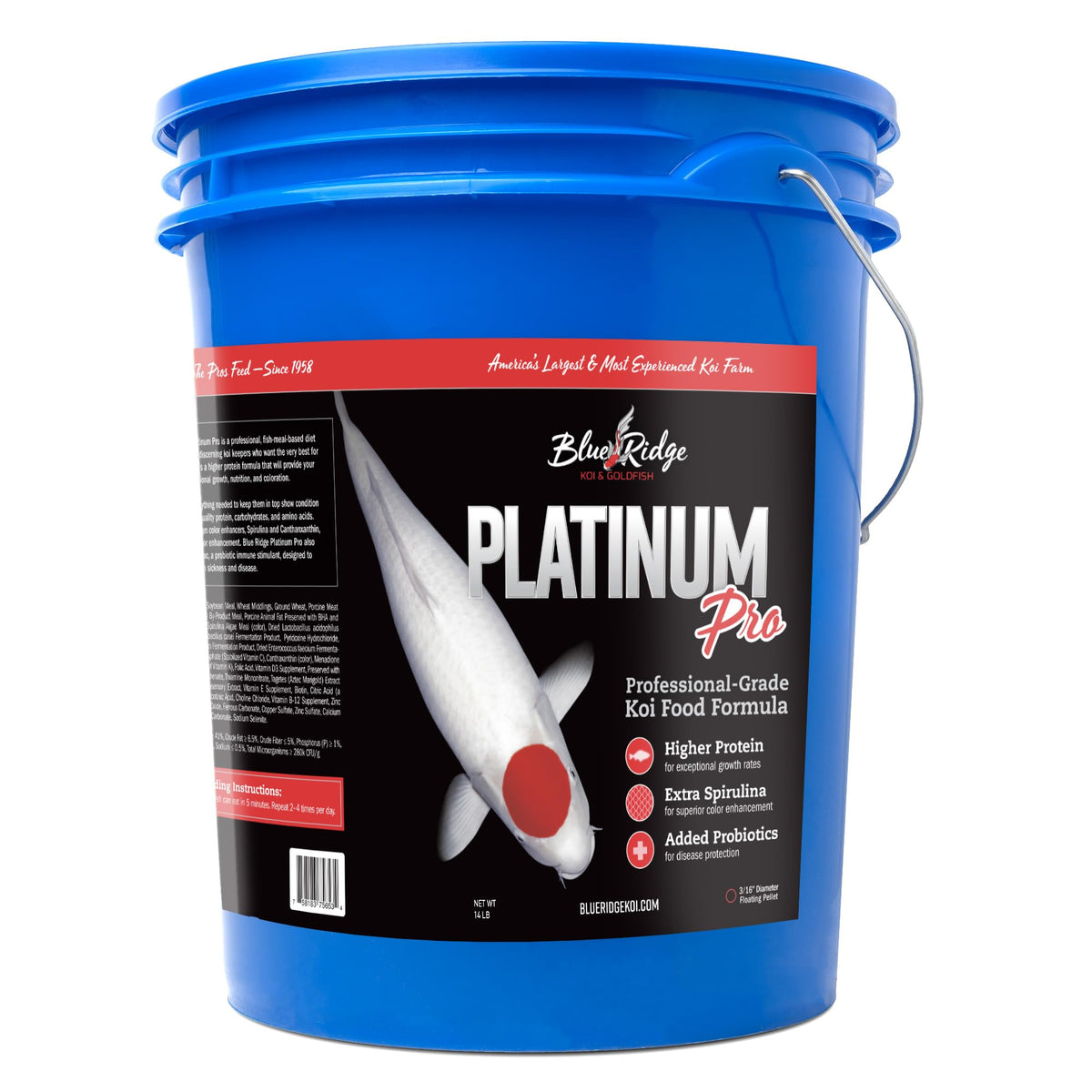 Blue Ridge Koi Fish Food 14lb - Koi Food 3/16” Platinum Pro Formula Goldfish Food, Premium Fish Food for Ponds