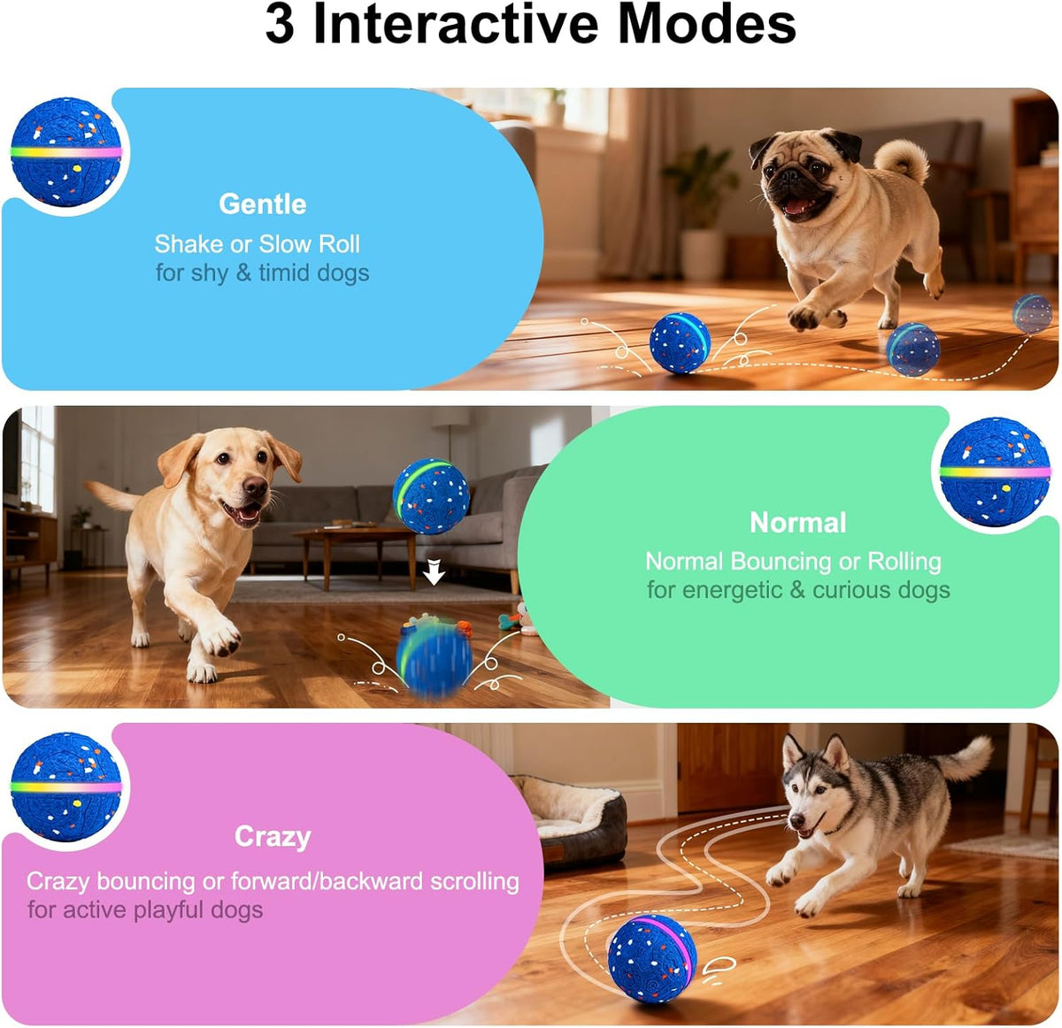Interactive Dog Toys Dog Ball, Durable E-TPU Material,3 Play Modes with Colorful Lights, Automatic Moving, Bou - view 2