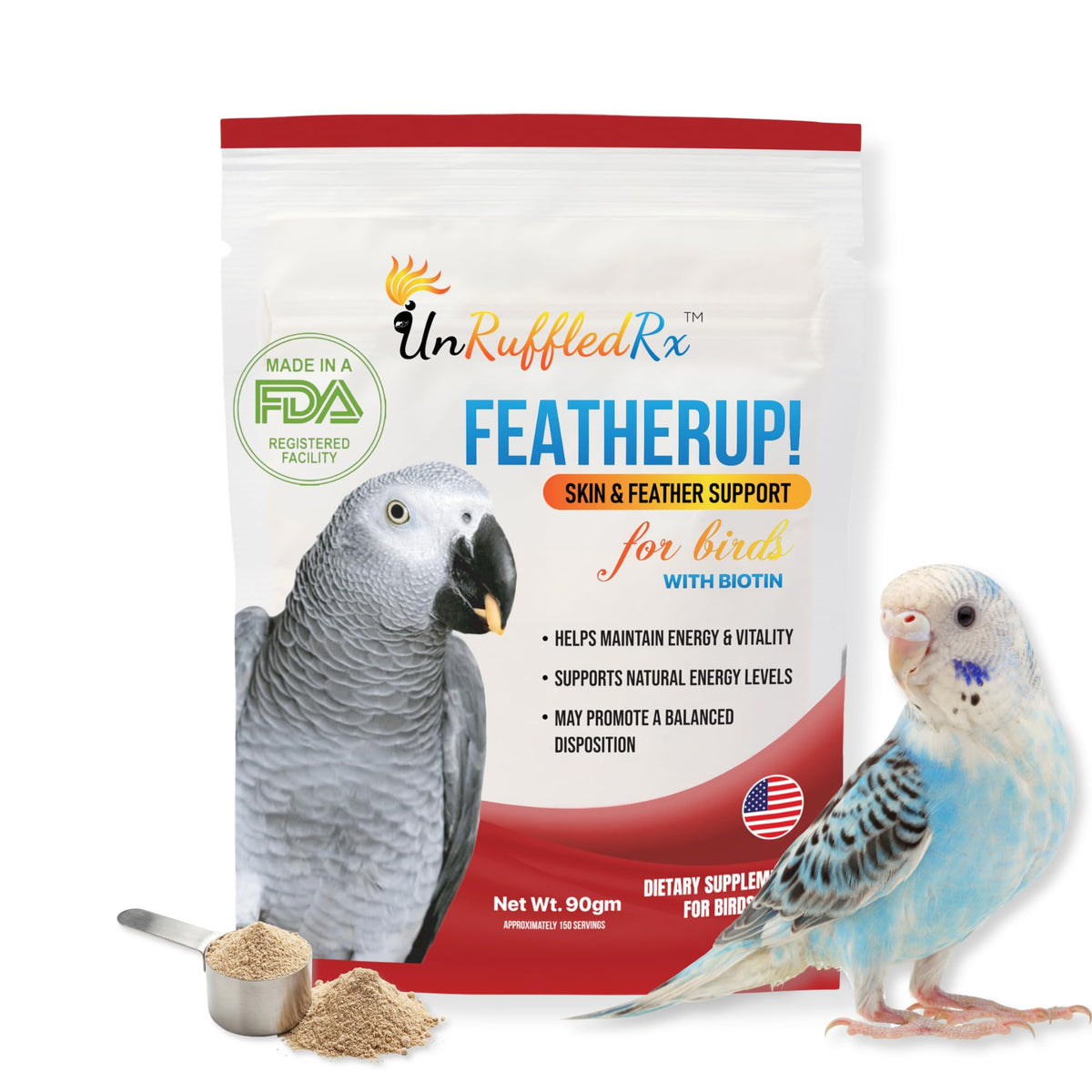 UnRuffledRx FeatherUp! Bird Molting Support & Feather Growth Supplement - for Plucking, Regrowth & Molt - Mult