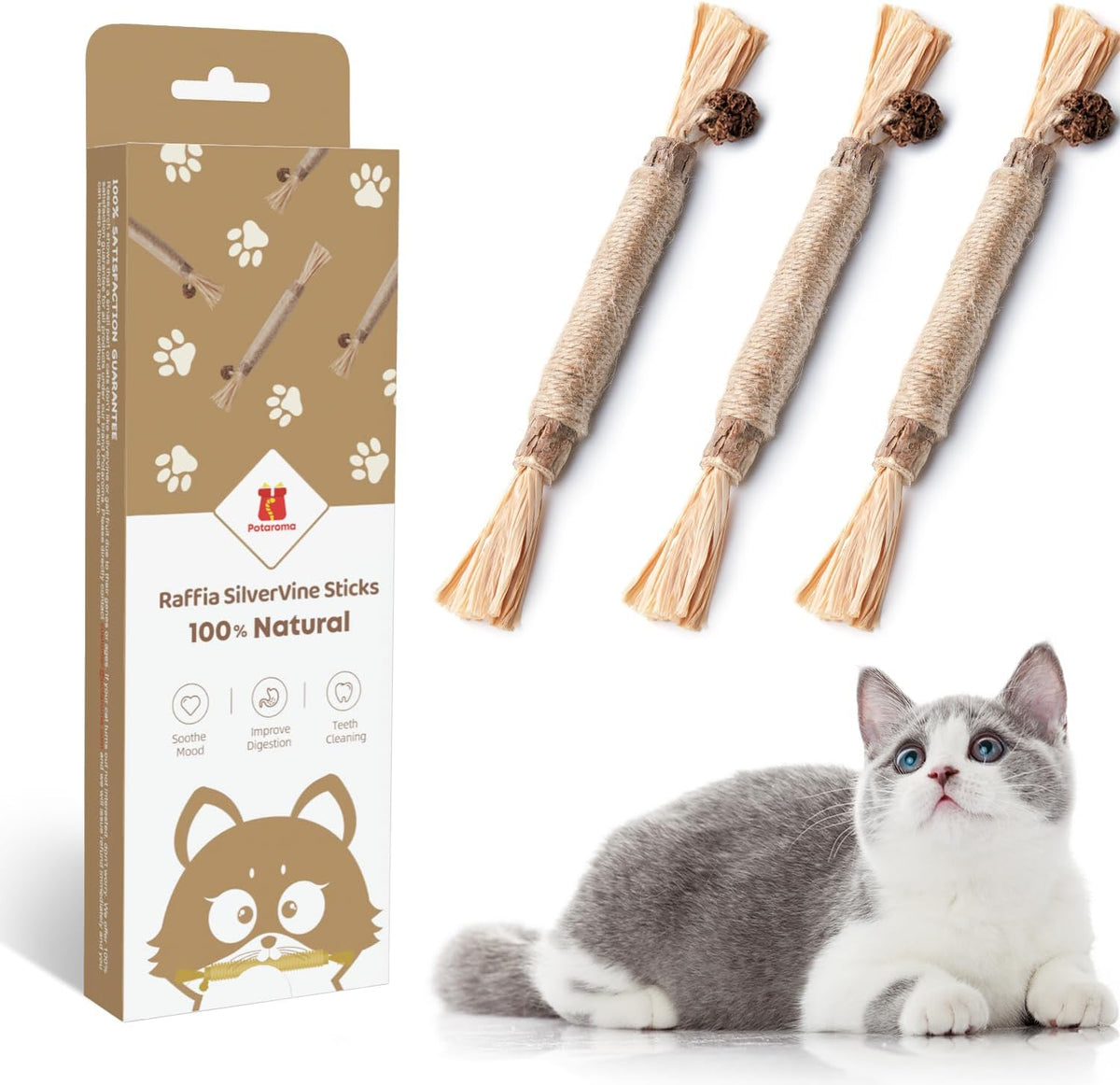 Potaroma 3 Pack Natural Silvervine Sticks Cat Toys, Catmint Silvervine Blend Sticks, Catnip Kittens Chew Toys 