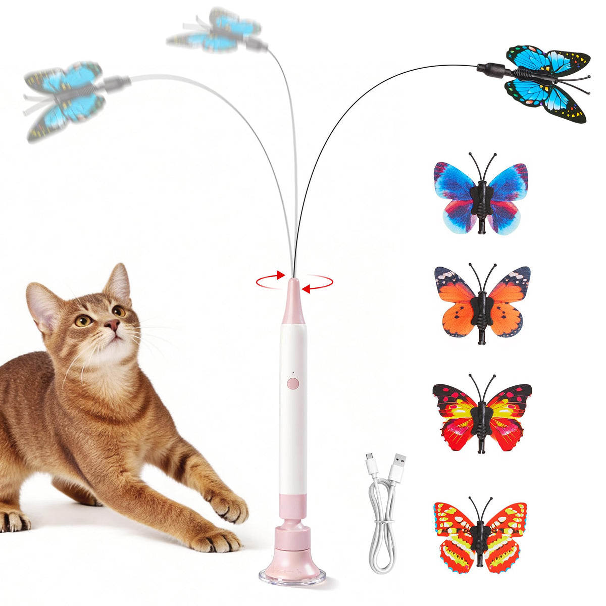 Potaroma Interactive Spinning Butterfly Cat Toy Wand – Rechargebale Electric Touch Activated Cat Teaser with S