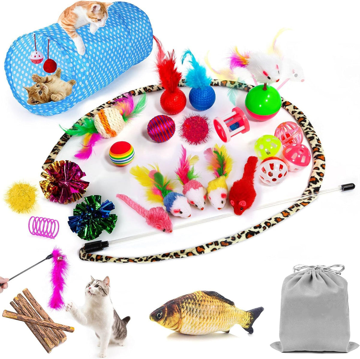 AILUKI 35 PCS Cat Toys Kitten Toys Assortments,Variety Catnip Toy Set Including 2 Way Tunnel,Cat Feather Tease