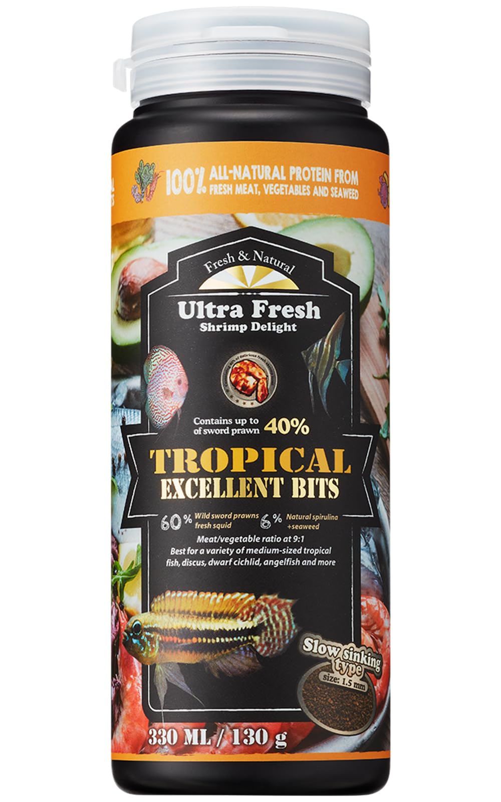 Ultra Fresh Tropical Fish Food, Wild Sword Prawn, Natural Color Enhancement, Slow Sinking Pellet for Discus, A