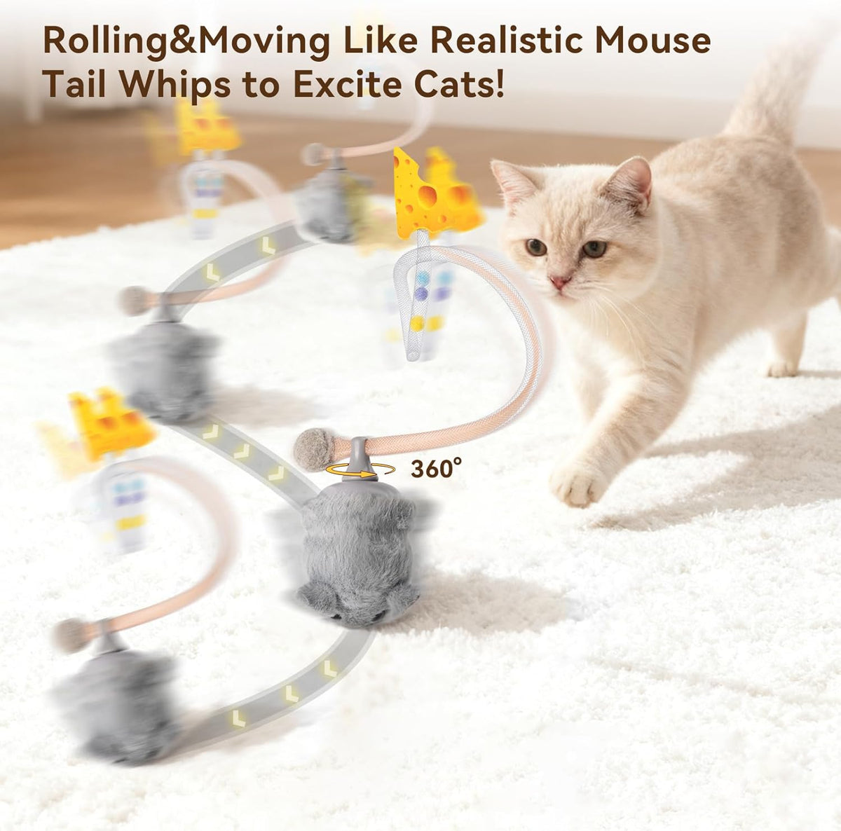 Migipaws Interactive MigiMouse Cat Toy 360° Rolling & Spin with Wiggling Tail for Indoor Cats Smart Motion Sen - view 2