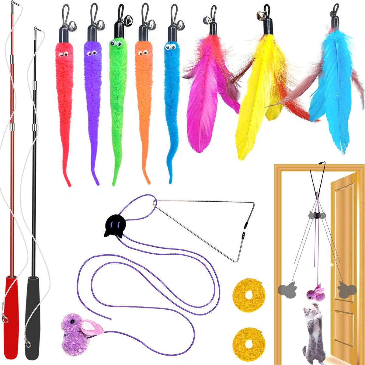ZPH Cat Toys Interactive for Indoor Cats,2PCS Retractable Cat Wand,9PCS Teaser Toys&1PCS Hanging Door Lure Kit