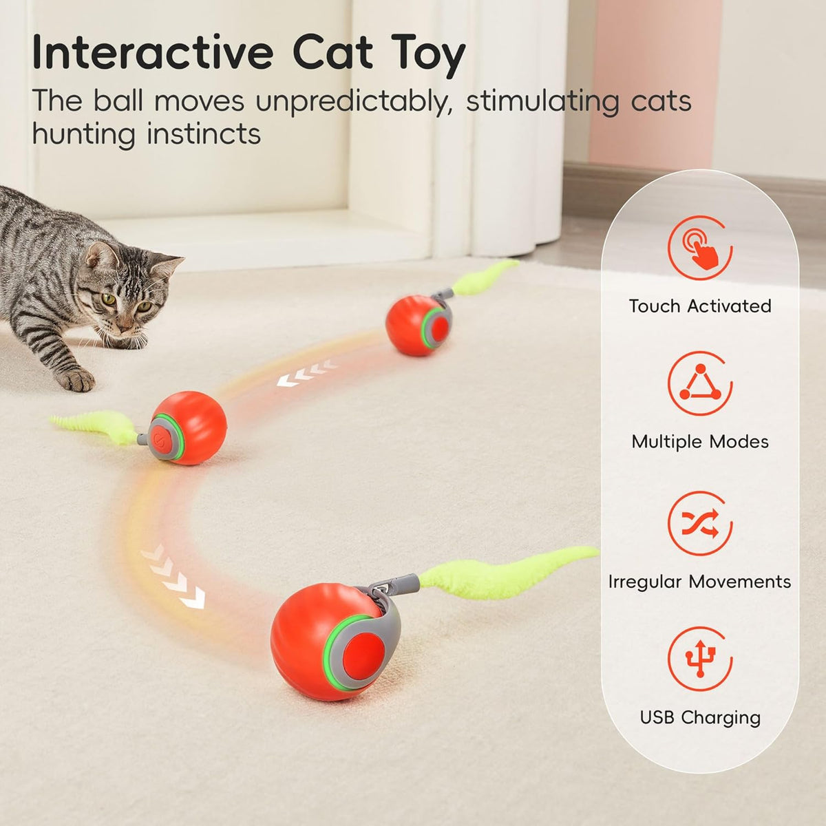 Potaroma Moving Ball Cat Toys with Feather Tail, Rechargeable 2025 New Interactive Toy for Indoor Cats Exercis - view 2