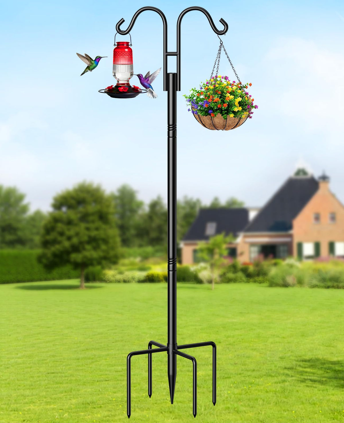 Double Shepherds Hooks, 76 Inch Bird Feeder Pole with 5-Prong Base, 3/4 Inch Thick Heavy Duty Adjustable Garde