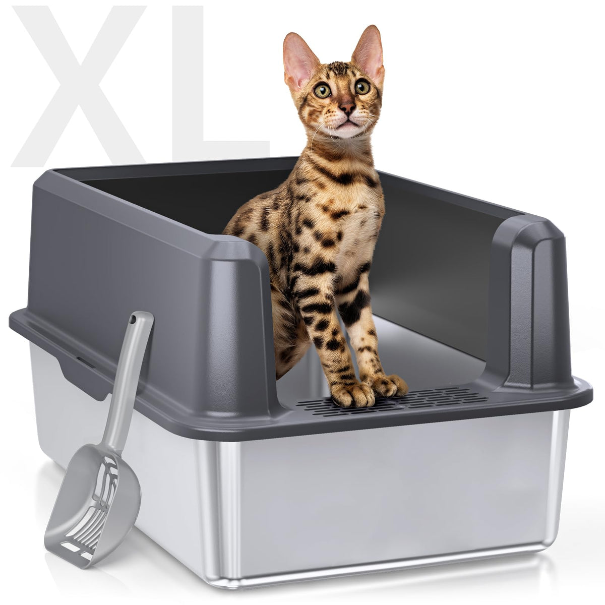 WoofiGo Enclosed Stainless Steel Cat Litter Box with Lid, XL Extra Large Litter Box for Big Cats, Metal Litter