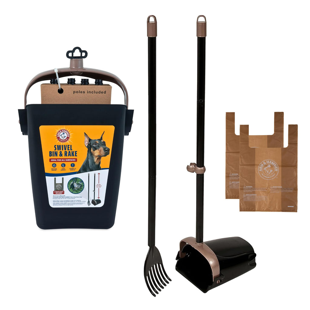 Arm & Hammer Dog Pooper Scooper Swivel Bin & Rake, Poop Scoop for Dogs, Black (2 Heavy Duty Scented Waste Bags