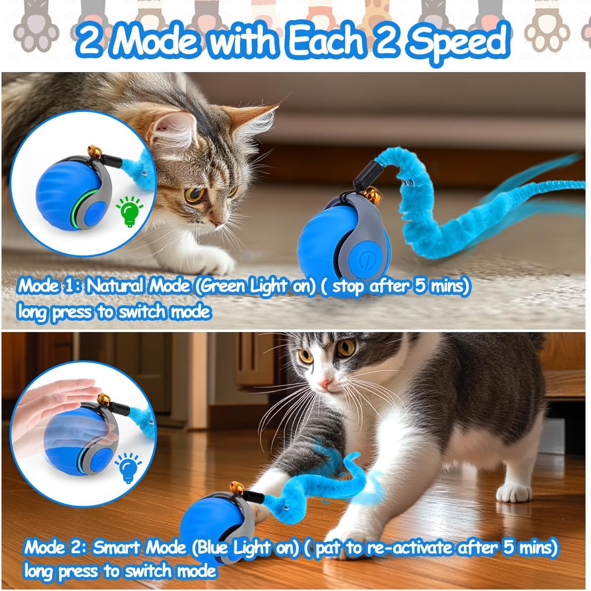Interactive Cat Toy Ball - Speedy Cat Toys for Indoor Cats with Feather Tails for Chasing, Moving Stimulation  - view 2