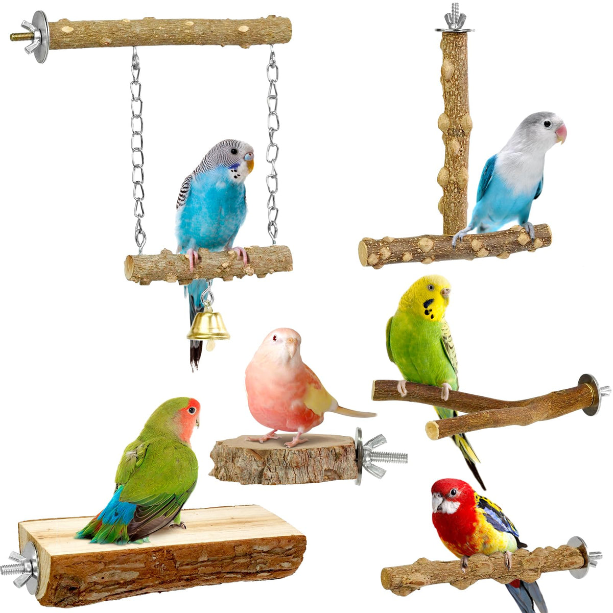 Bird Perches, 6pcs Natural Wood Birds Stand Branch, Bird Perch Chewing Stick Cage Accessories Parrot Climbing 
