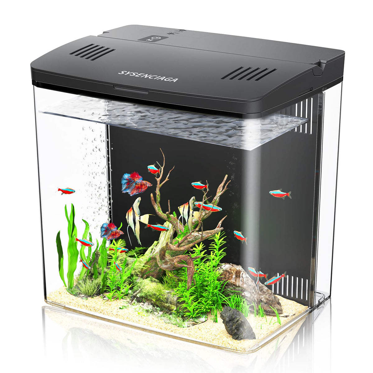 Desktop Fish Tank, 1.2 Gallon Self-Cleaning Smart Aquarium with Filter & 5-Color LED Light, Auto-Cycling Quiet