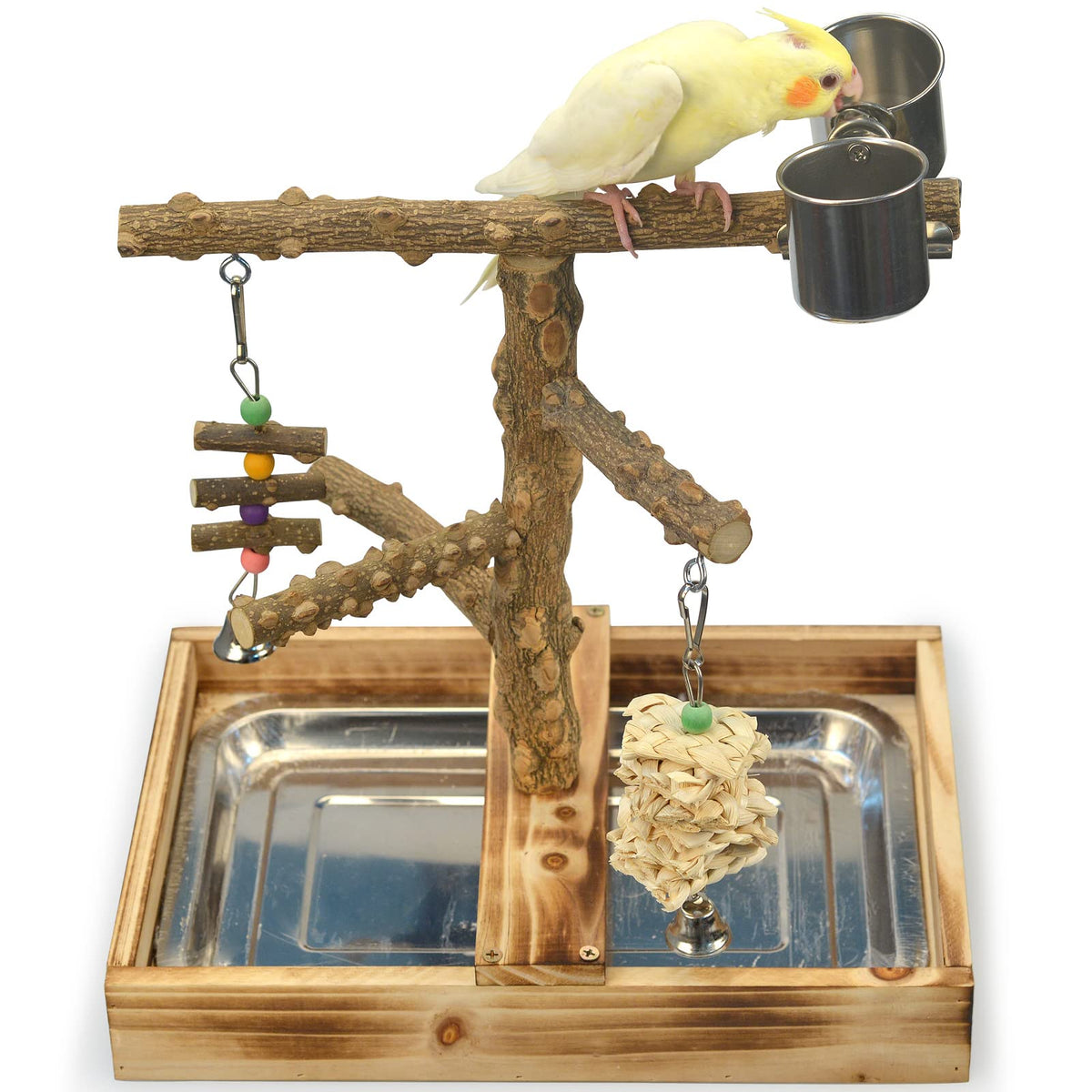Natural Wood Bird Toys Playground, Bird Cage Accessories, Bird Perches, with Removable Tray and 2 Stainless St