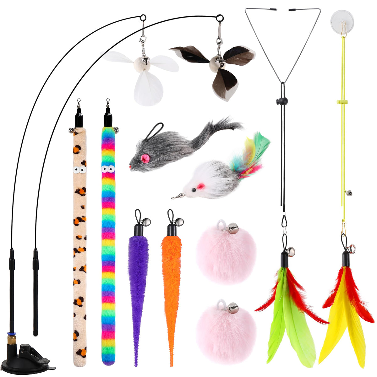 Soarer 4-in-1 Interactive Cat Feather Toys,12Pcs Durable Fishing Pole Cats Feathers Toy Replacements,Enhanced 