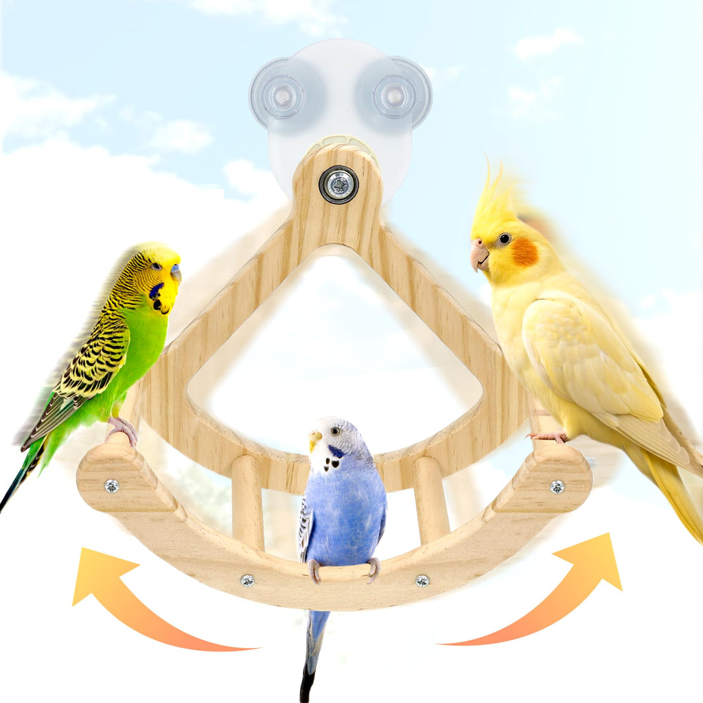 Rocking Bird Toys Perch for Window and Cage, Bird Perch for Wall Suction Mount, Wooden Parrot Toys for Medium 