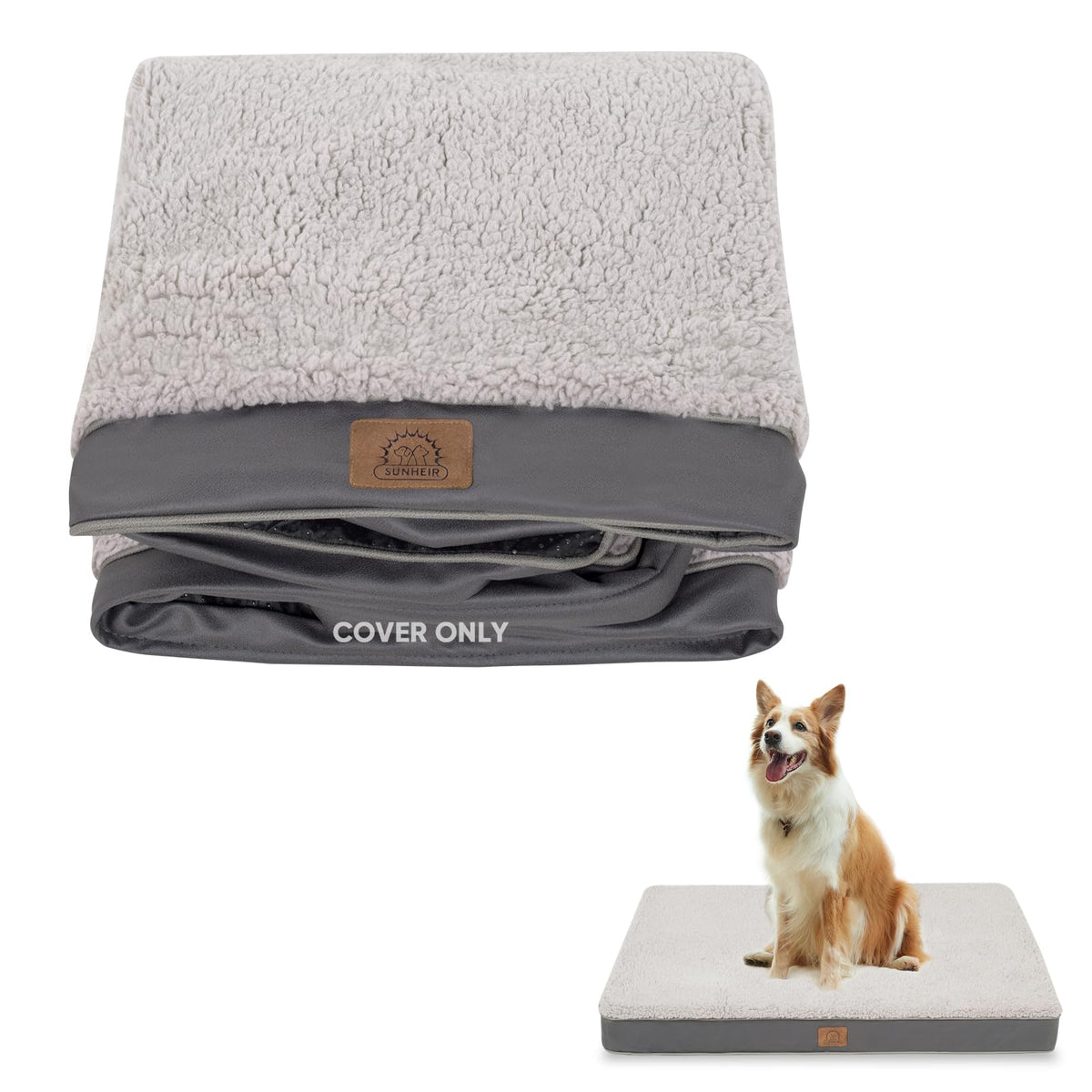 Sunheir Washable Large Dog Bed Covers Soft Plush Replacement, Waterproof Dog Bed Liner, Pet Bed Cover with Zip
