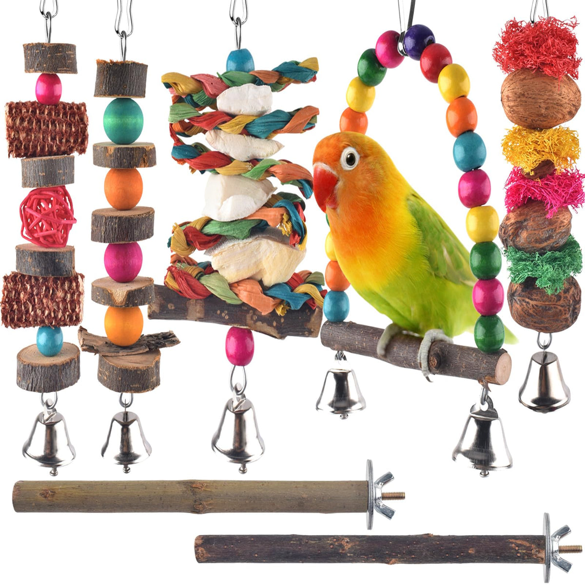 Bissap Bird Chew Toys, 7 Packs Parakeet Natural Wood Toys Parrot Hanging Cage Toy Perch Stand for Small Birds 