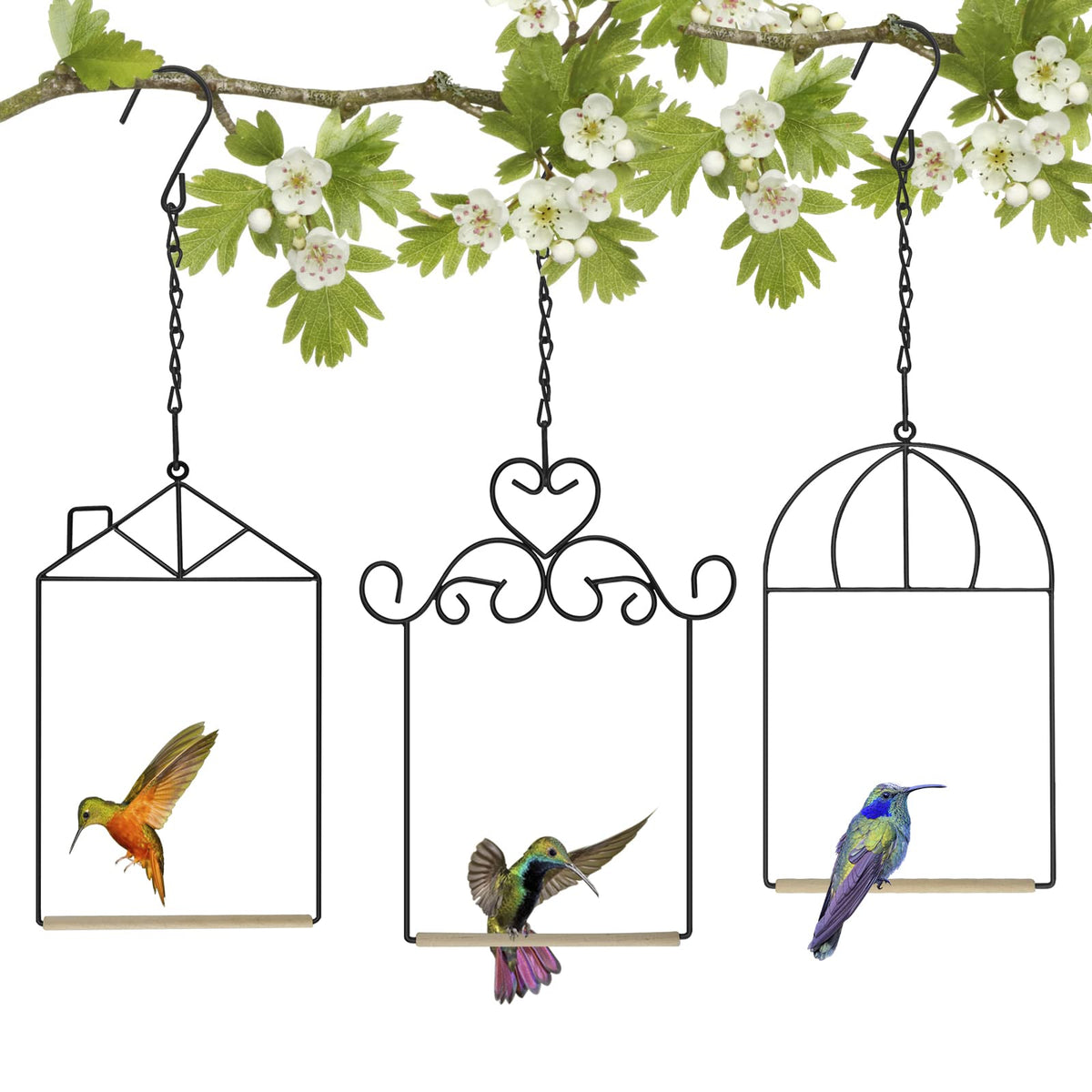3PK Metal Frame Hummingbird Swings and Perches with Wooden Dowel Black Bird Swing Outdoor Bird Perch Humming B