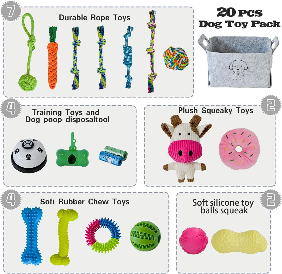 20Pcs Puppy Chew Toys for Teething, Dog Chew Toys with Rope Toy, Pet Dog Toothbrush, Treat Balls, Plush Toys a - view 2