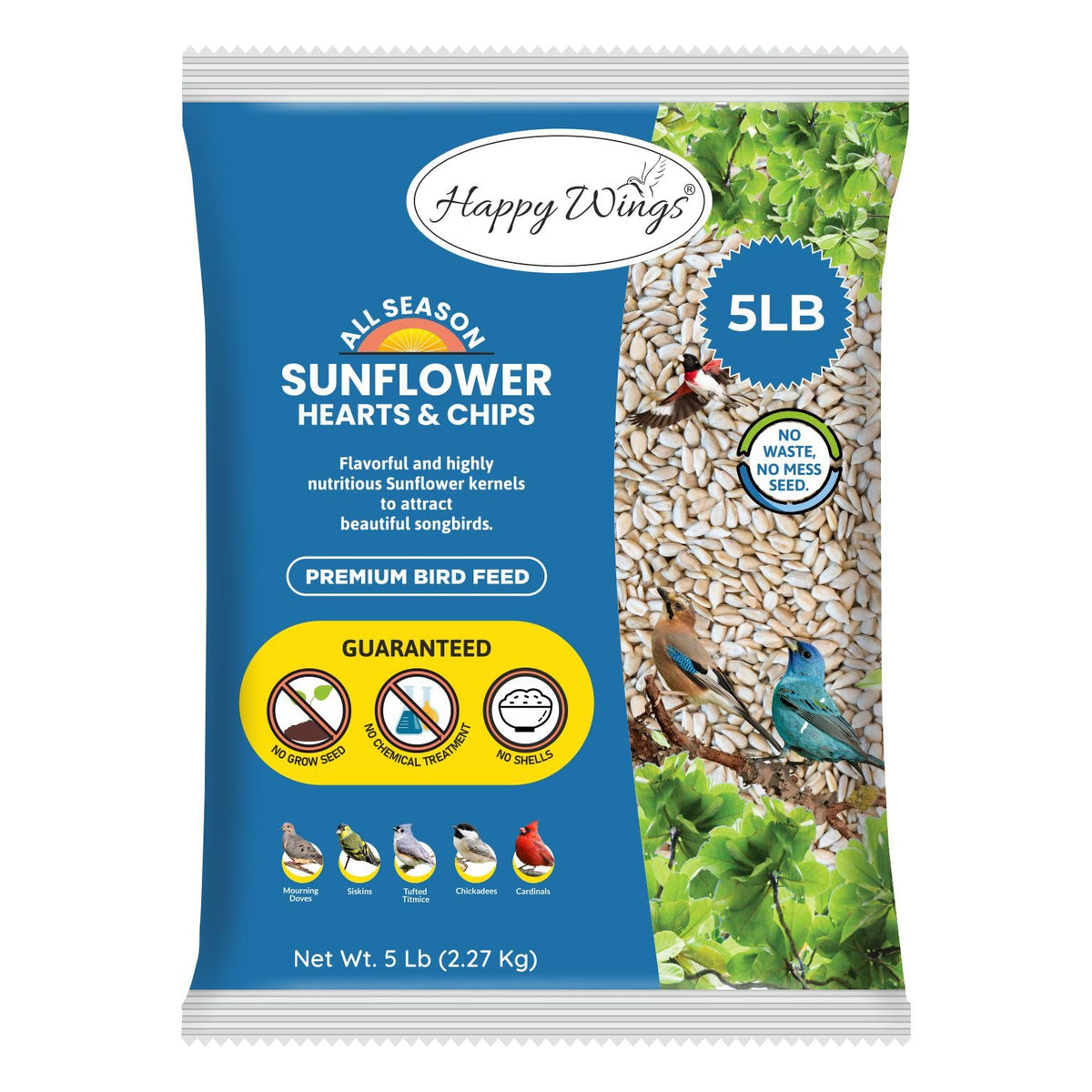 Happy Wings Sunflower Hearts & Chips - Sunflower Kernels and Chips Bird Food - 5 Lb No Mess, No Waste I No Gro