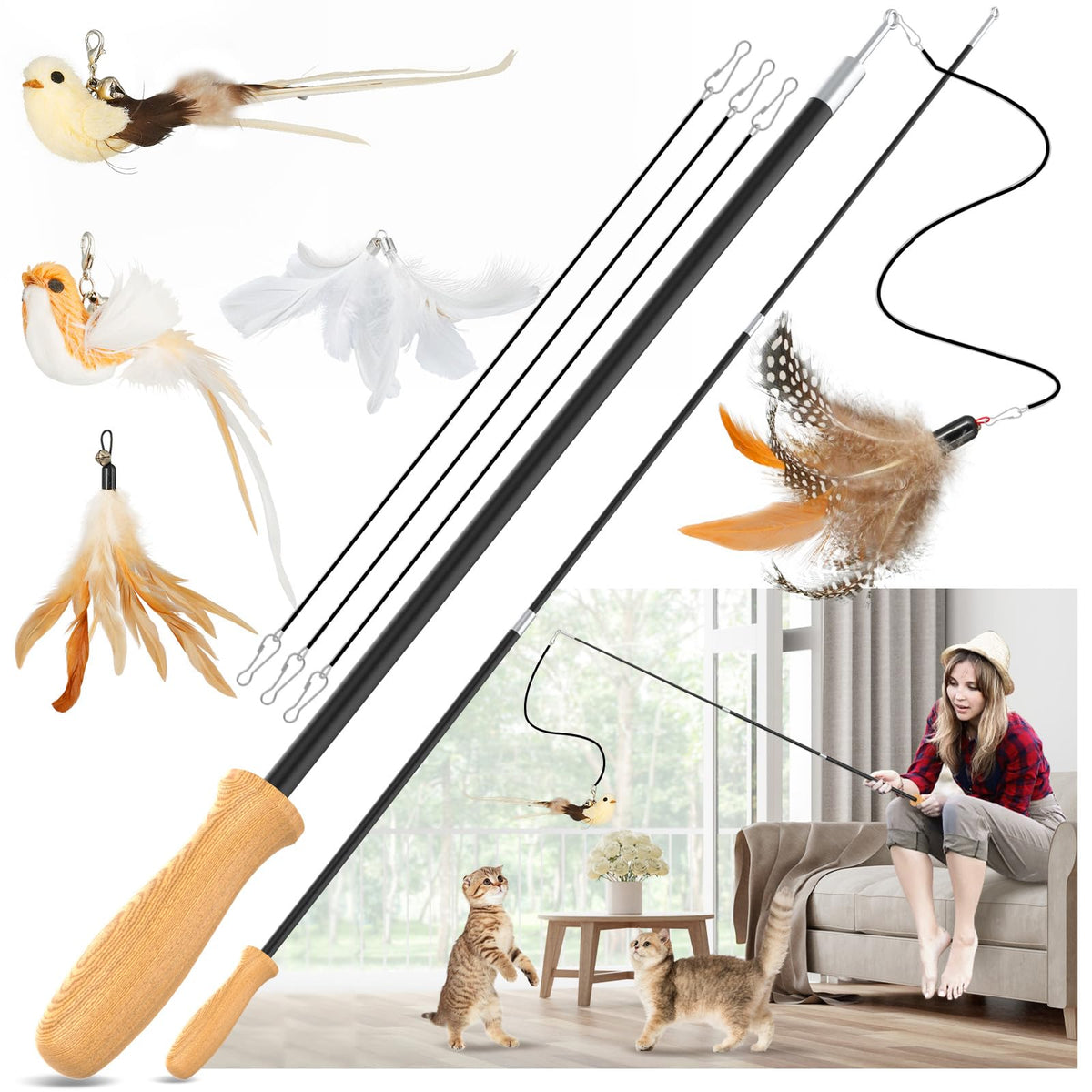ROSAUI Cat Teaser Wand Toys, Interactive Bird Toys for Indoor Kittens, 42.15’’ Long Cat Fishing Pole Toys, 2Pc