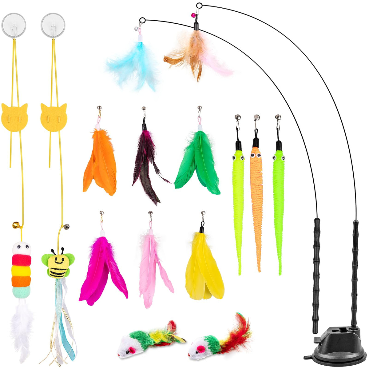 Depets Cat Wand Toy, 15 Pcs Interactive Cat Feather Toys for Indoor Self Play & Exercise, 2 Play Modes Kitten 