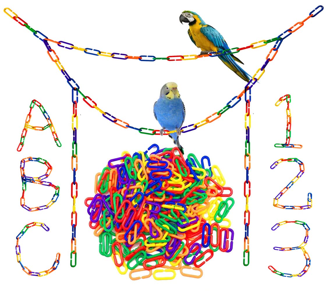 200-Piece Rainbow Plastic Chain Links & Toys - Interlocking C-Clip Bird Cage Accessories for Parakeets, Sugar 