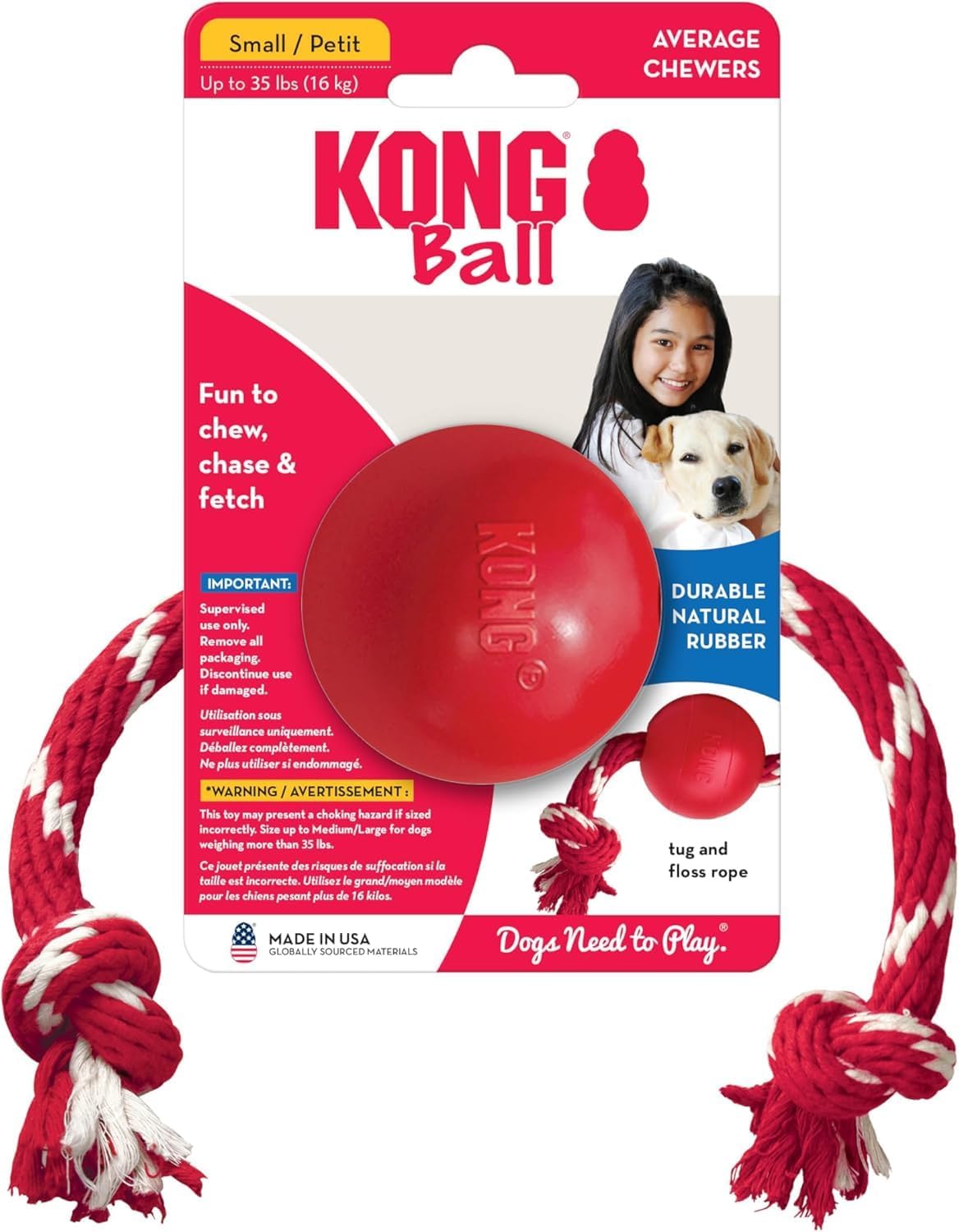 KONG Ball with Rope - Durable Fetch Toy with Rope for Easy Throwing - For Tug, Playtime & More - Natural Rubbe - view 2