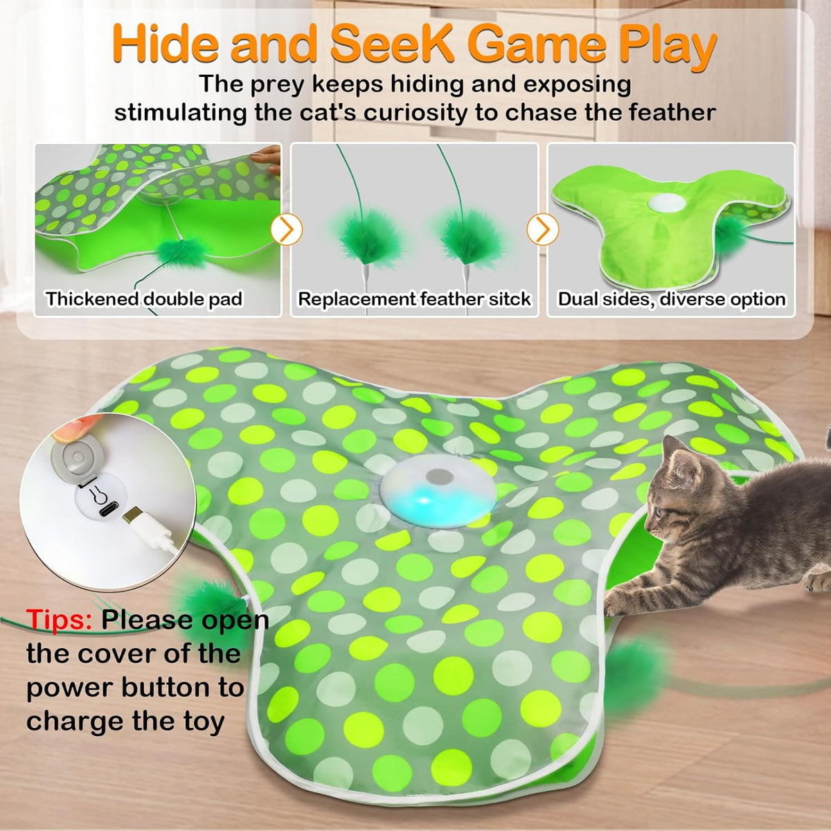 Interactive Cat Toys Rechargeable,Moving Concealed Feathers,Real Mouse Squeaky,Touch Activated Cat Kitten Toy  - view 2