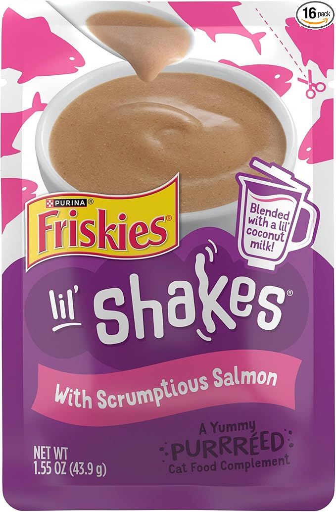 Purina Friskies Pureed Cat Food Topper, Lil’ Shakes With Scrumptious Salmon Lickable Cat Treats - (Pack of 16)