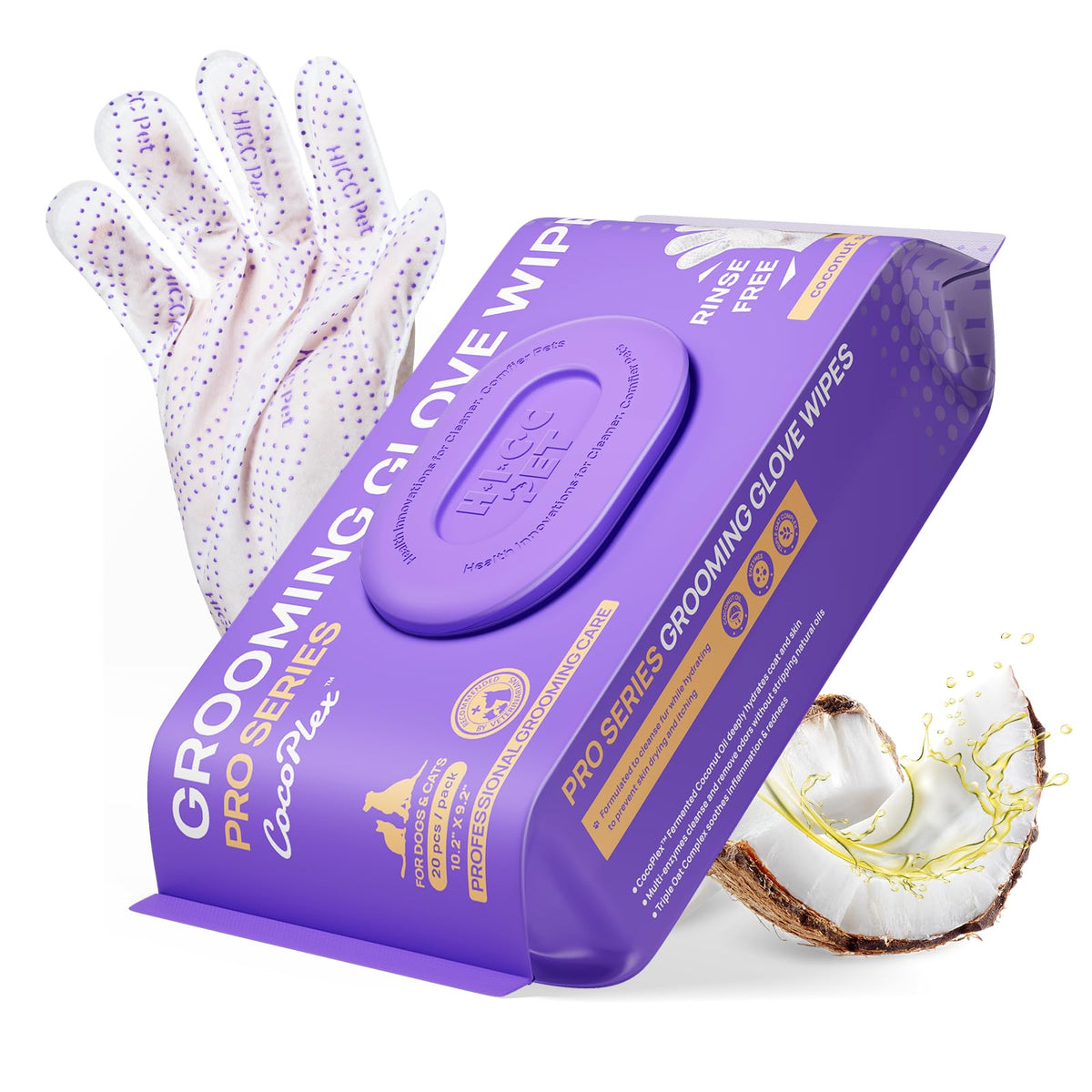 HICC PET Glove Wipes Pro – Pet Cleaning Gloves for Dogs & Cats – Infused with Coconut Oil & Plant Extracts – H