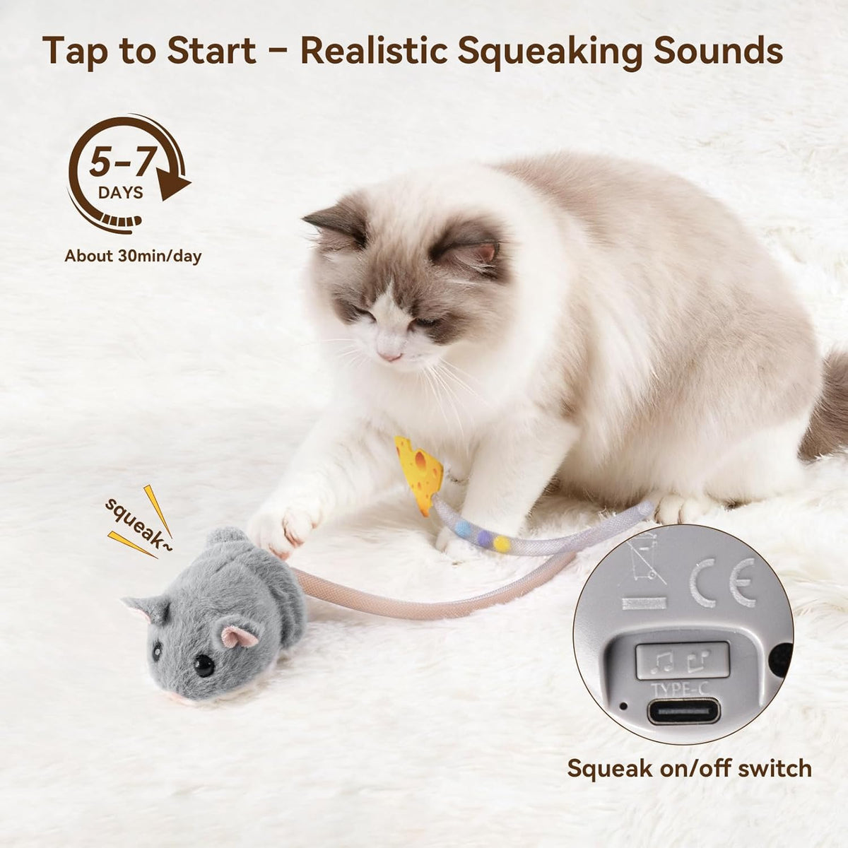 Migipaws Interactive MigiMouse Cat Toy 360° Rolling & Spin with Wiggling Tail for Indoor Cats Smart Motion Sen - view 3