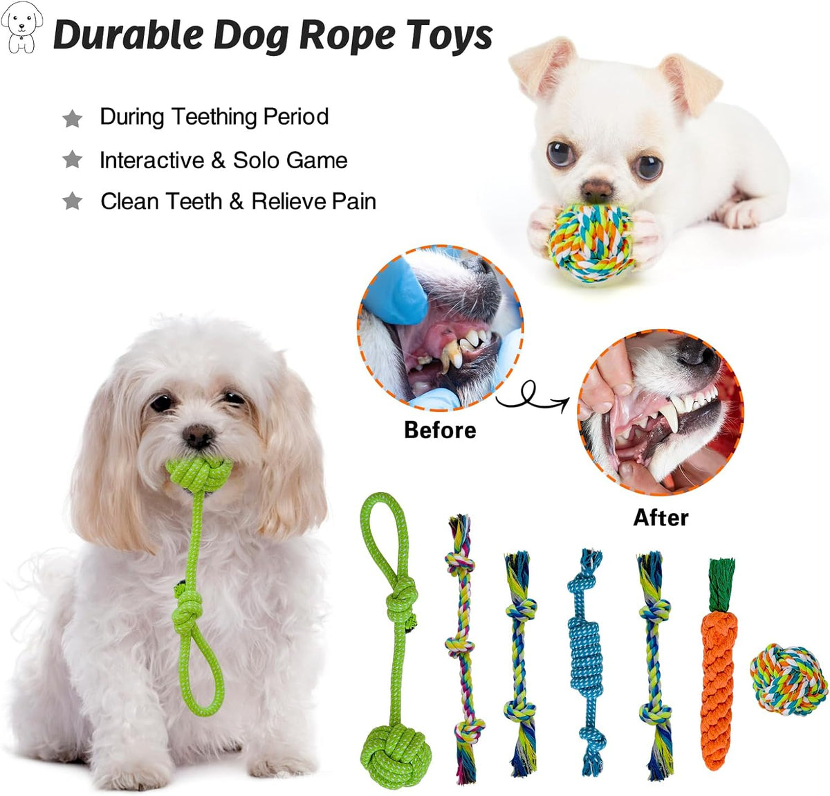 20Pcs Puppy Chew Toys for Teething, Dog Chew Toys with Rope Toy, Pet Dog Toothbrush, Treat Balls, Plush Toys a - view 4