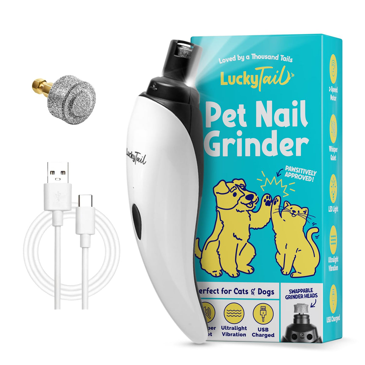 LuckyTail Pet Nail Grinder for Dogs and Cats - Super Quiet and Low Vibration Electric Dog Nail Grinder with 2 