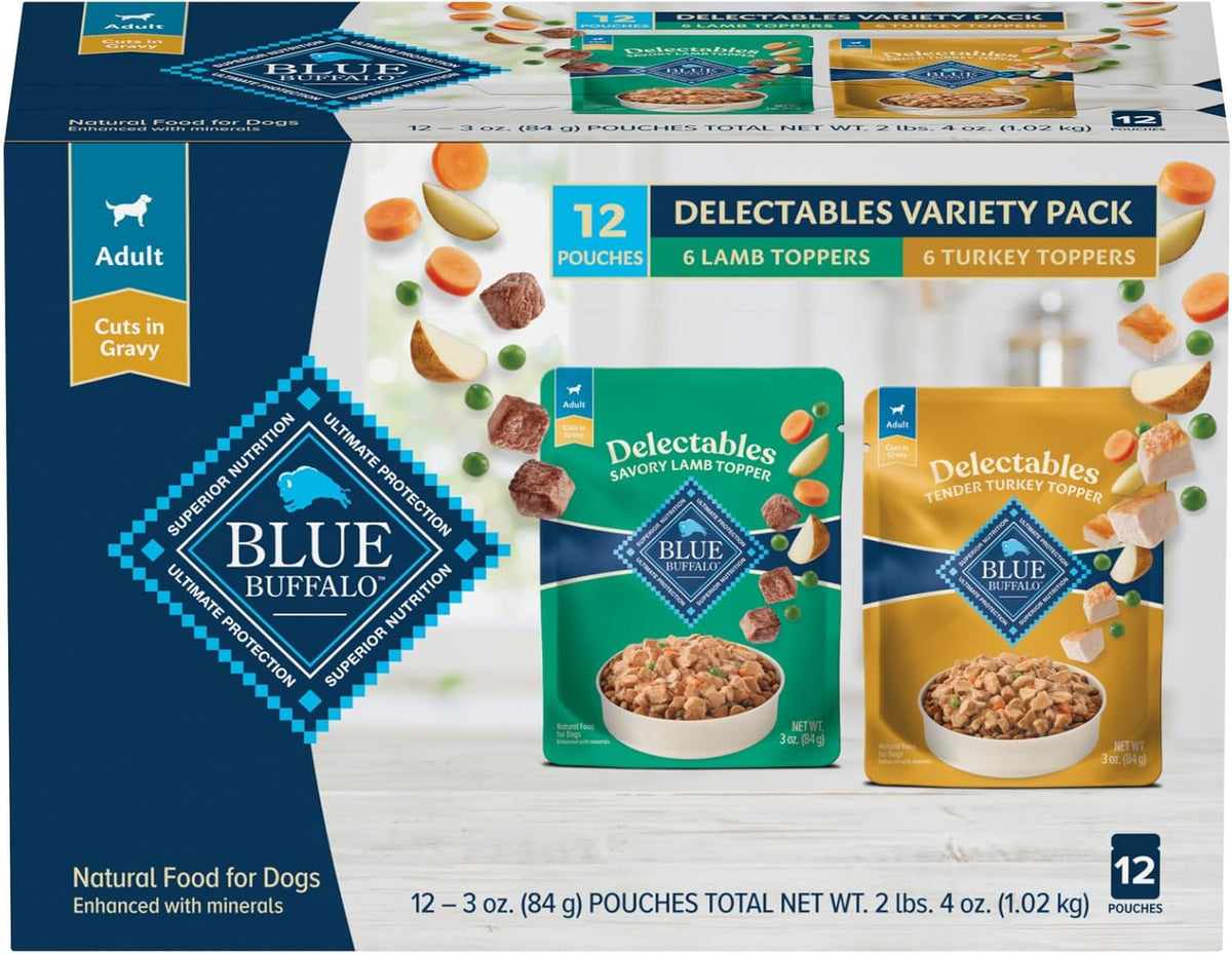Blue Buffalo Delectables Natural Wet Dog Food Topper Variety Pack, Lamb & Turkey Dinner 3oz (12 Pack - 6 of Ea