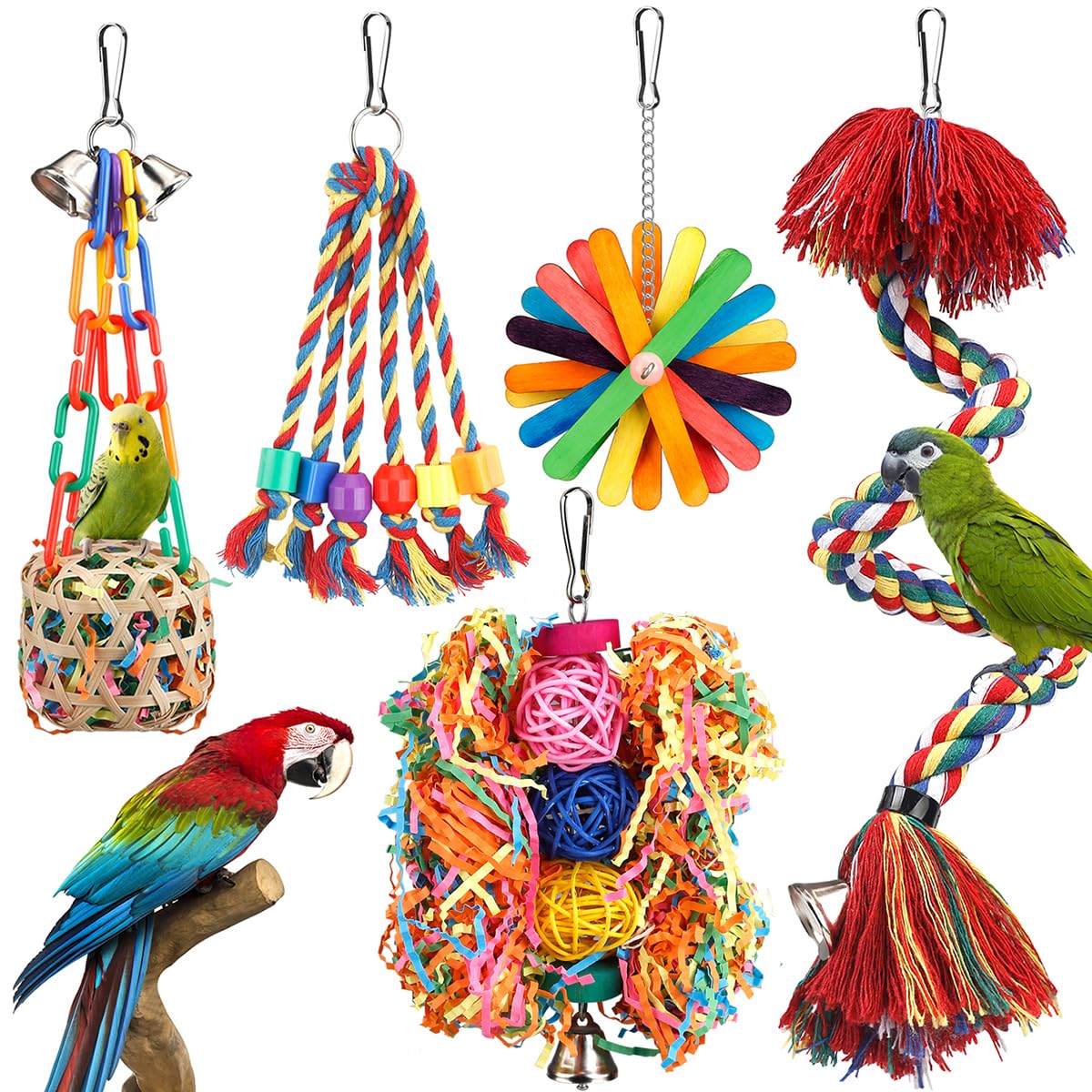 Bird Toys Rope Perch with Bell Colorful Bird Chewing Shredding Foraging Toys Parrot Swing Climbing Standing Ha