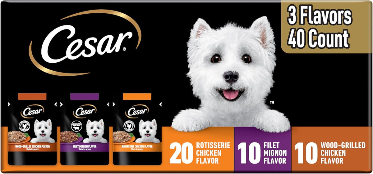 Cesar Filets in Gravy Wet Dog Food Rotisserie Chicken Flavor, Filet Mignon Flavor, and Wood-Grilled Chicken Va