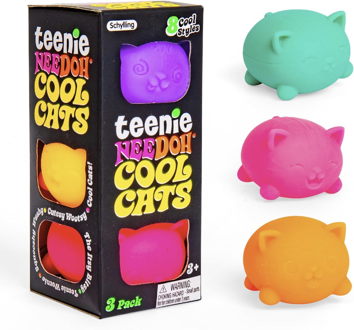 Schylling NeeDoh Teenie Cool Cat - Sensory Squeeze Toy - Contains 3 Mini Groovy Globs - 1.5" Wide - Color May 