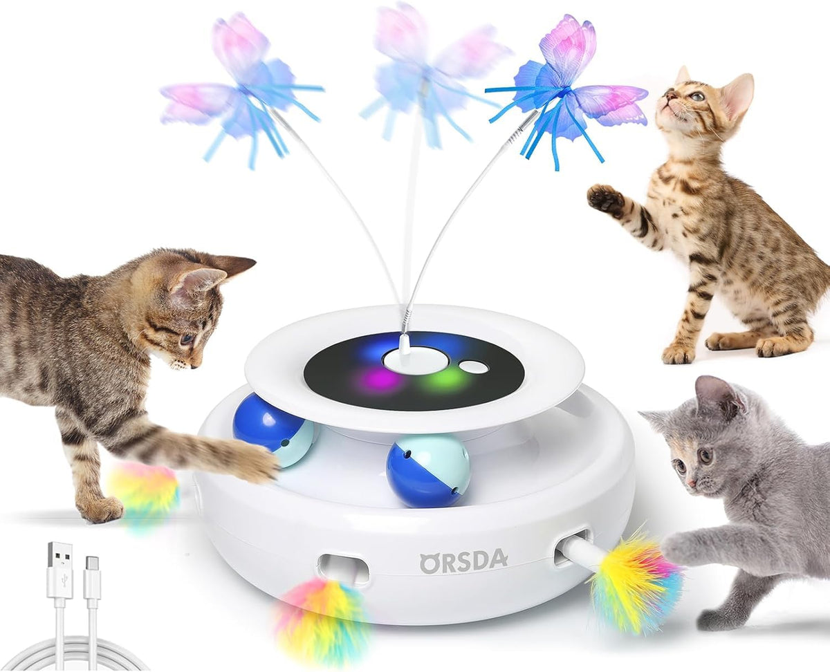 ORSDA Cat Toy, 3-in-1 Automatic Interactive Electronic Moving Ambush Feather, Fluttering Butterfly, Track Ball