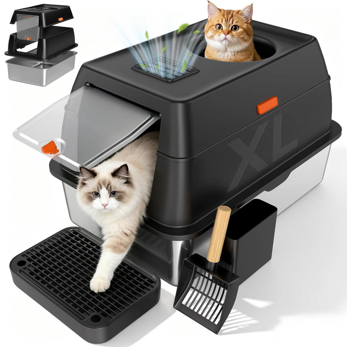 Extra Large Stainless Steel Litter Box with Lid, High Sided Enclosed Metal Cat Litter Pan, Dog Proof Front Ent