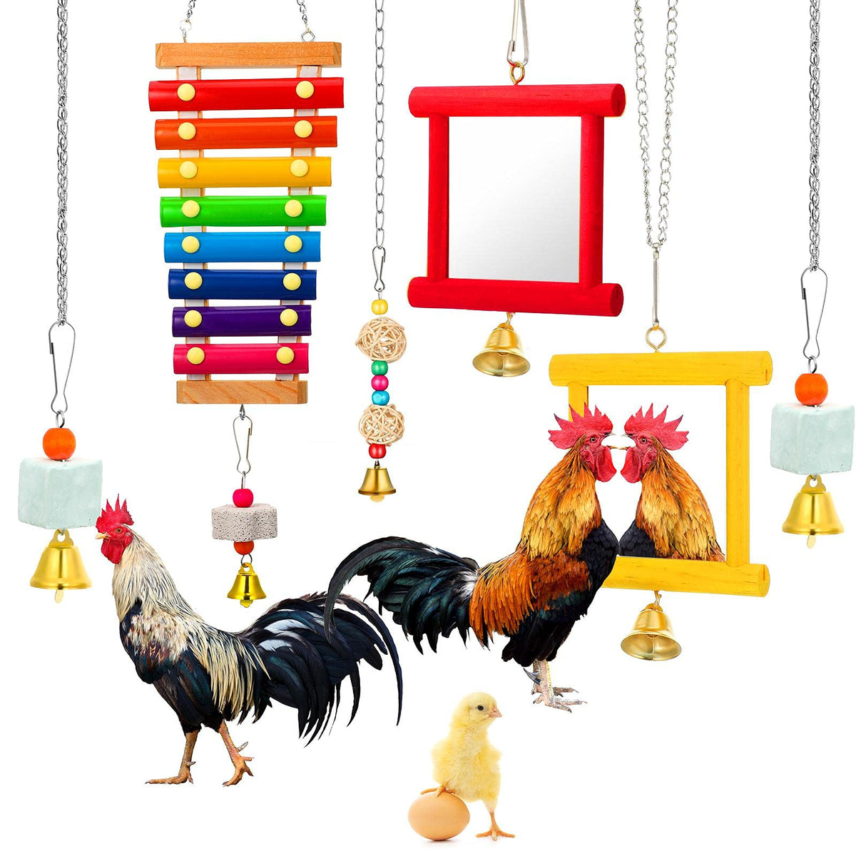 Sumind 6 Pieces Chicken Mirror Chicken Toys for Coop with Bells, Hen Xylophone Toy with 8 Metal Keys, Parrot G