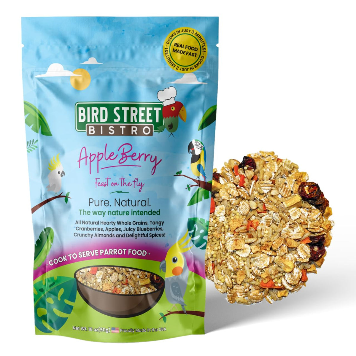 Bird Street Bistro Parrot Food - Parakeet & Cockatiel Food - Cooks in 3-15 min w/Natural & Grains, Legumes, No