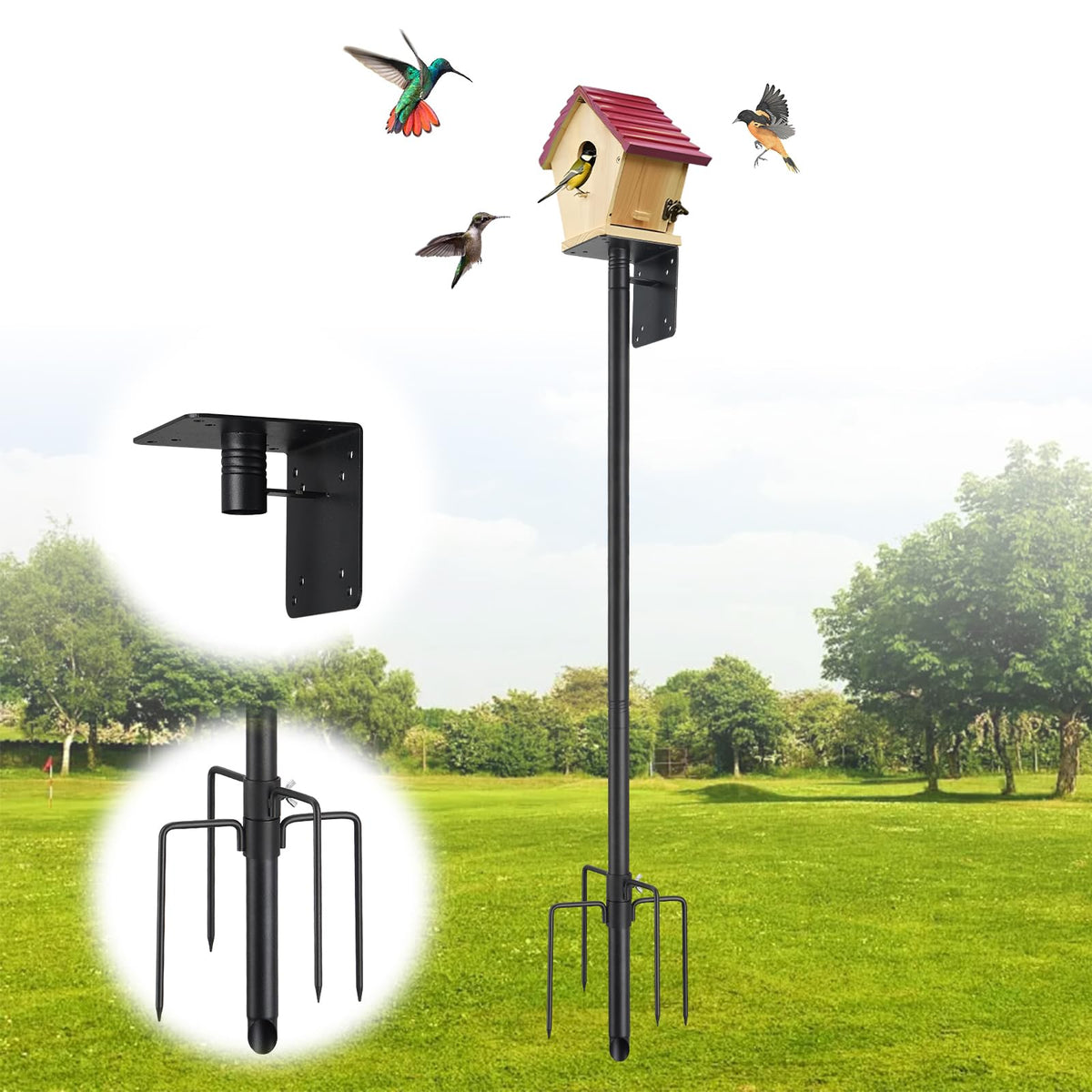 Bird House Pole,74 Inch Heavy Duty Bird Feeder Pole Mount Kit for Outdoors, 5-Prong Base, Splicing Adjustable 