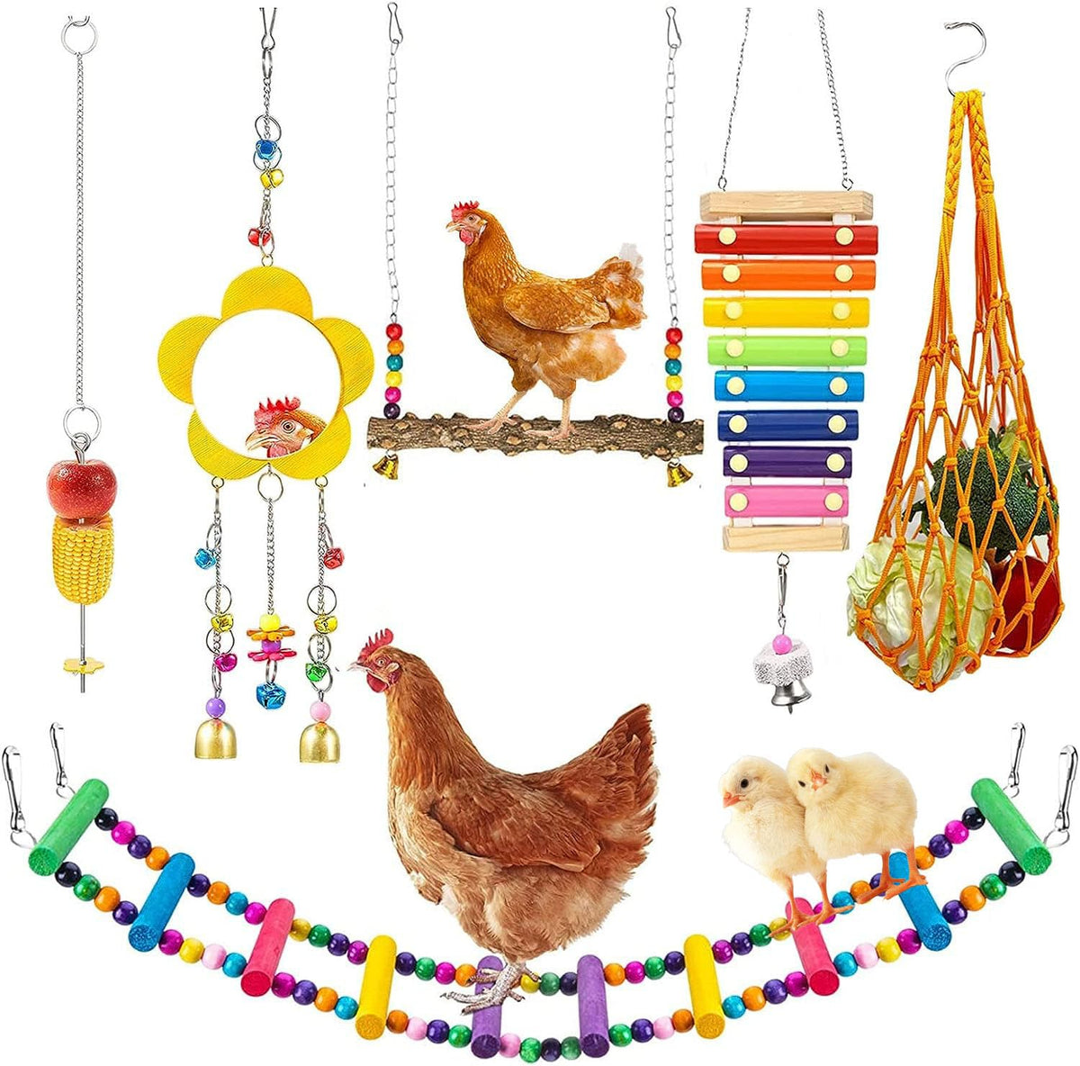 Longer Chain Chicken Toys for Coop Accessories 7PCS, Chicken Swing Ladder Perch roosts, Chicken Xylophone Mirr