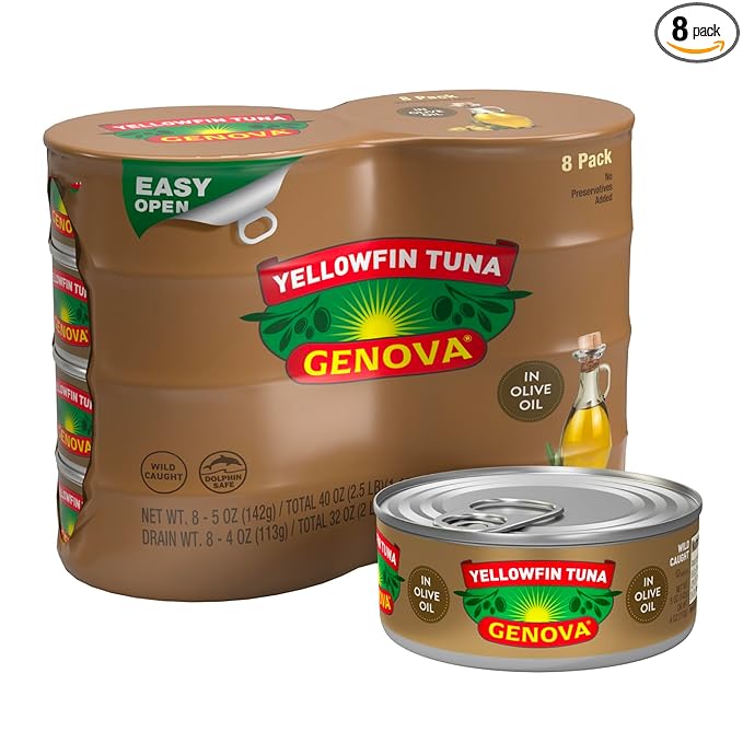Genova Premium Yellowfin Tuna in Olive Oil, 5 Ounce Cans, 8-Pack – Nutrient Rich, High Protein Canned Tuna Fis