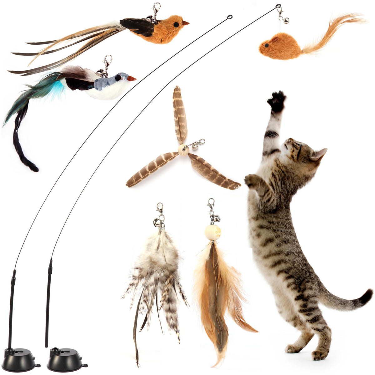 Interactive Bird Simulation Cat Toy Set,Cat Wand Toys,Wand Self-Holding Suction Cups Base,Include Detachable 6