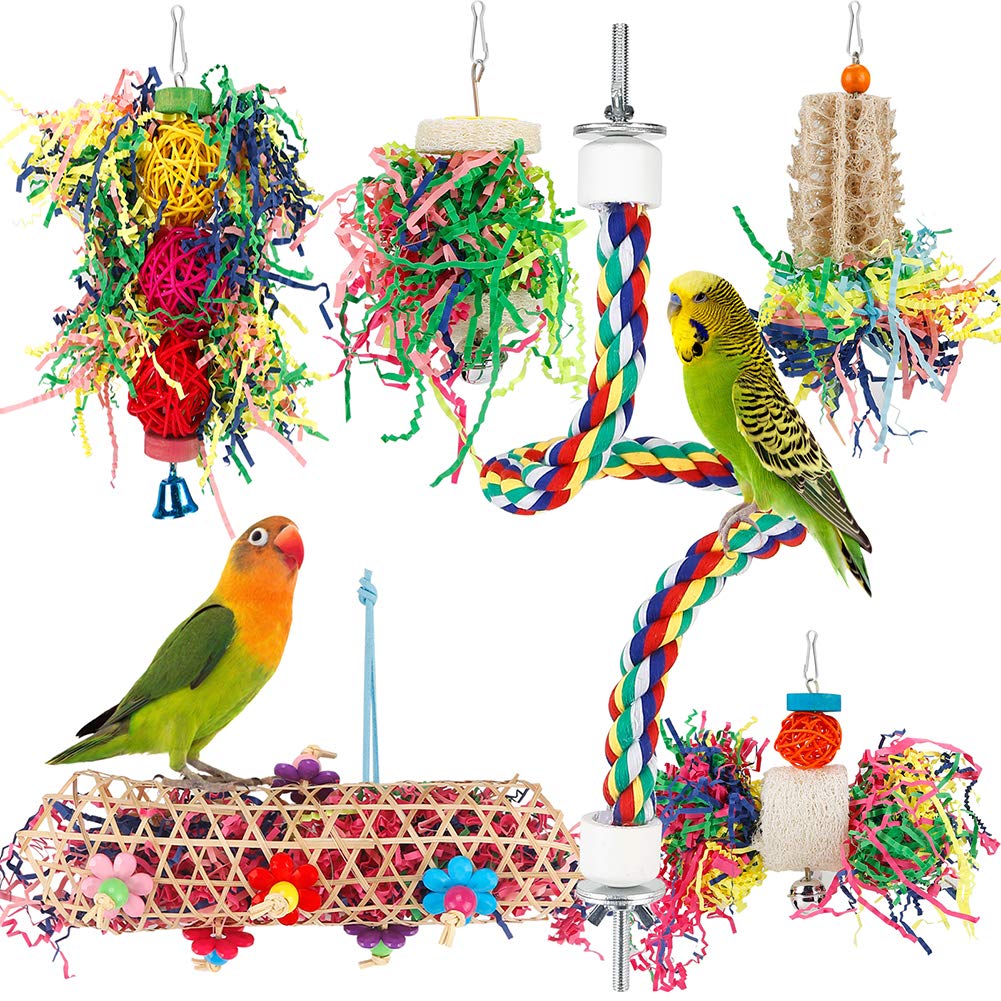 Foraging Bird Toys - Shredding Parakeet Toys with Rope Perch for Conure, Cockatiel, Budgies, Lovebird, Parrotl